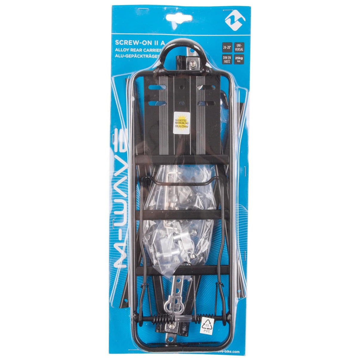 Zwarte bagagedrager voor 26/28 inch fietsen van M-Wave Screw-On II, geschikt voor achterdragers.