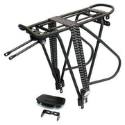 Massload achterdrager voor 26-28 inch fietsen, verstelbaar en mat zwart, geschikt voor bagagedragers en fietstassen.
