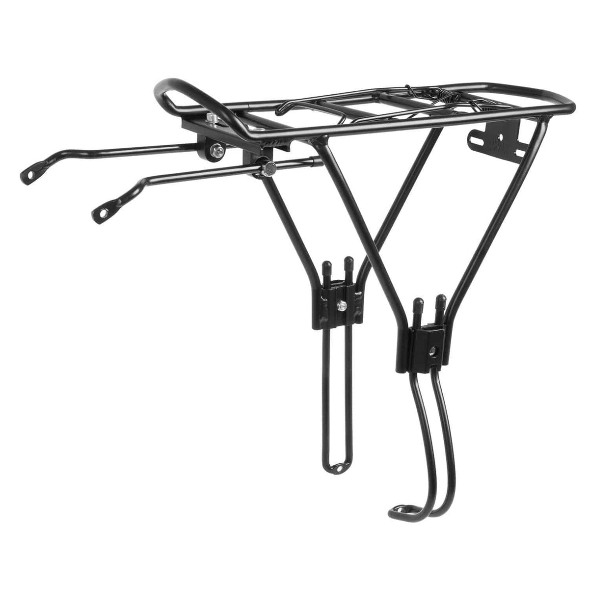 Zwarte M-Wave Disc II bagagedrager voor achterfiets, stevig en geschikt voor diverse fietsen, zichtbaar op de afbeelding.