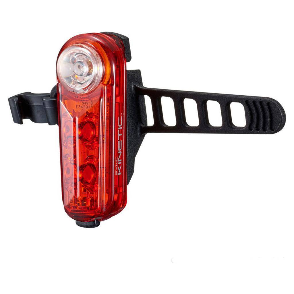 Cateye Sync Kinetic NW100K LED achterlicht in zwart met USB-oplading, zichtbaar met bevestigingsband en lichte functies.
