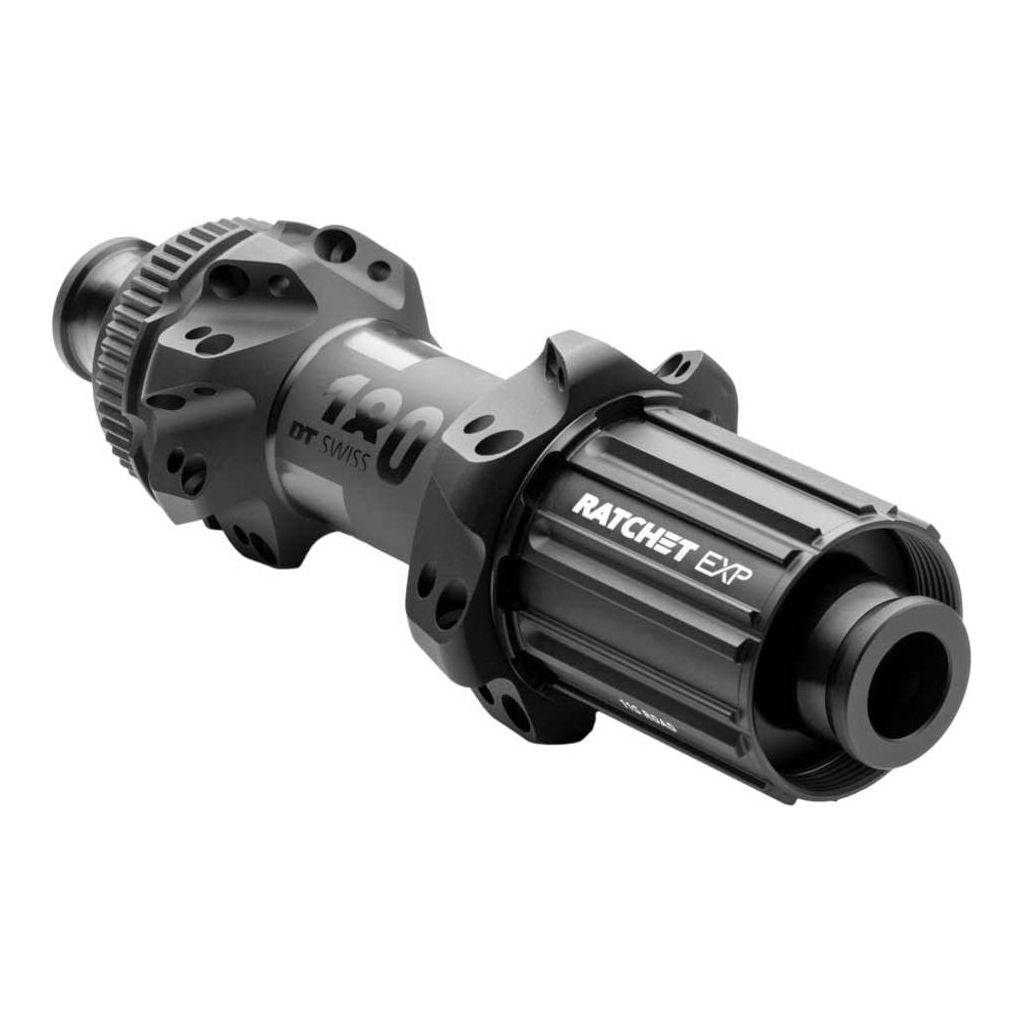 Achternaaf van DT Swiss 180 Straightpull SH 10/11V EXP Race, zwart, aluminium, 28g, 142/12mm, disc compatibel.