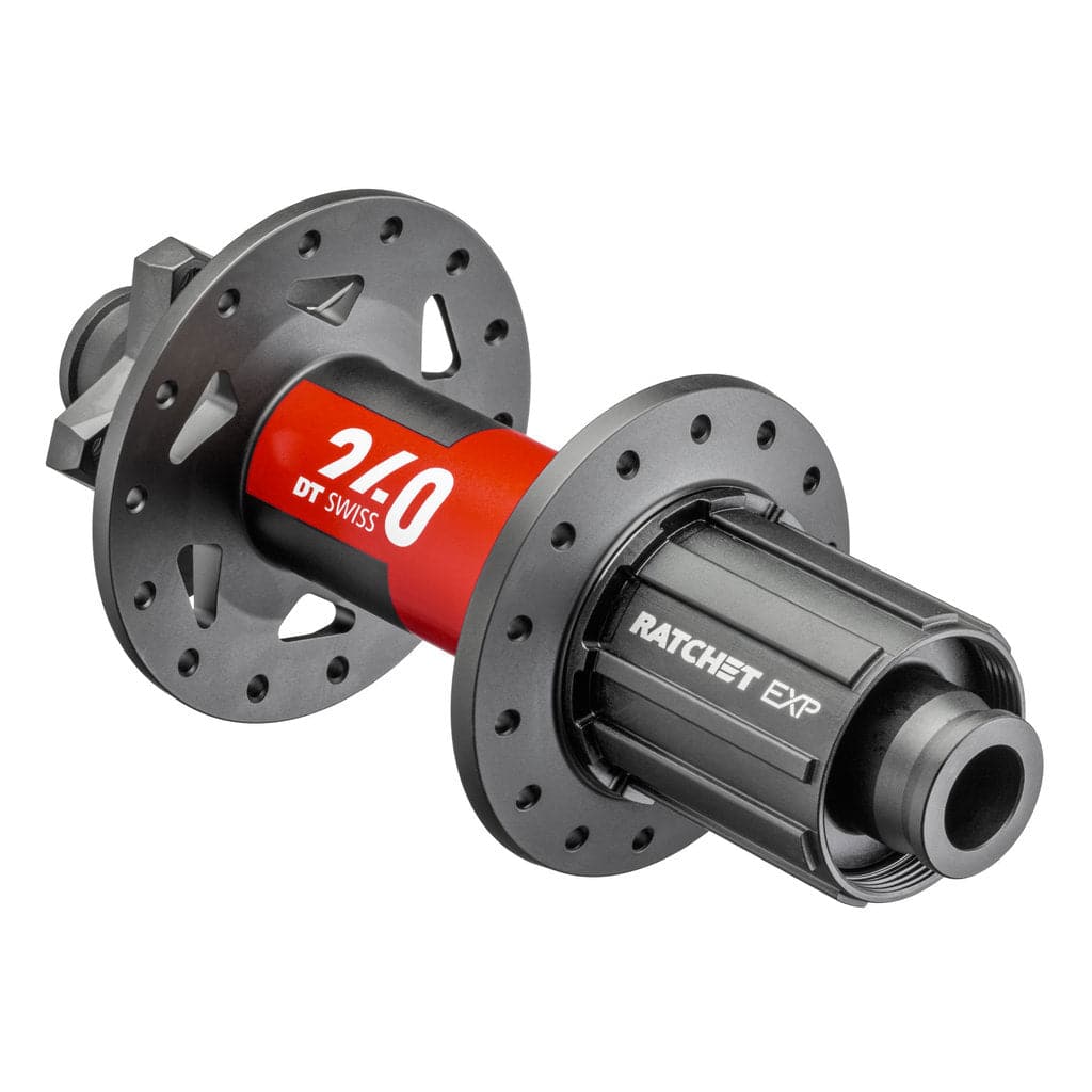 Zwarte DT Swiss 240 SH achternaaf voor 10/11V disc, aluminium, 28G, 142mm/12mm, geschikt voor ATB, zichtbaar in de afbeelding.