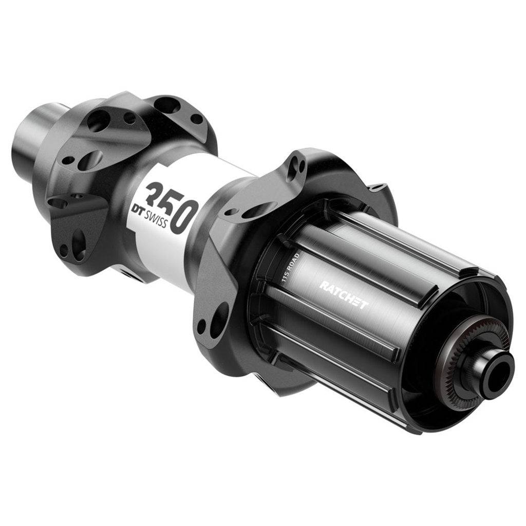 Zwarte DT Swiss 350 Straightpull achternaaf voor racefiets, aluminium, 10/11V, 24G, 130mm, 5mm snelspanner, zichtbaar in de afbeelding.