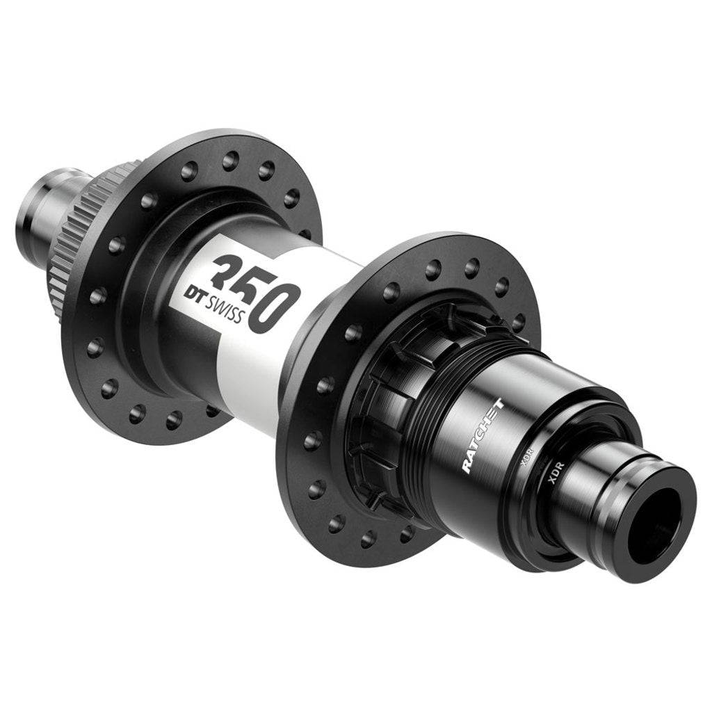 Achternaaf van DT Swiss 350 XDR Race Disc CL aluminium zwart, 28G, 142/12mm, geschikt voor 11/12V wielsets.