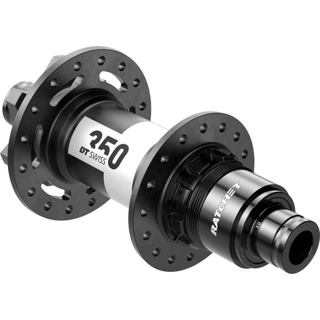 Achternaaf DT Swiss 350 XD 11/12V ATB Disc IS aluminium zwart, 150mm, 12mm, 32g, geschikt voor mountainbikes.