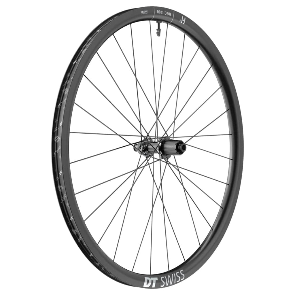 Achterwiel 28 inch DT Swiss HGC1400 Spline 30 DB SH carbon zwart voor gravel fietsen, met disc rem en boost asymmetrisch velg.