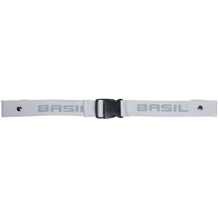 Reflecterende afneembare band van Basil Class in grijs, geschikt als accessoire voor fietsen en verhoogde zichtbaarheid.