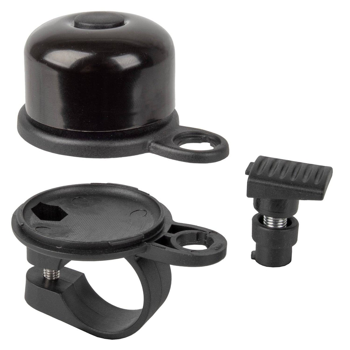 Zwarte Airbell fietsbel met Airtag houder voor Ø31,8 mm stuur, gemaakt door M-Wave, geschikt voor fietsen.