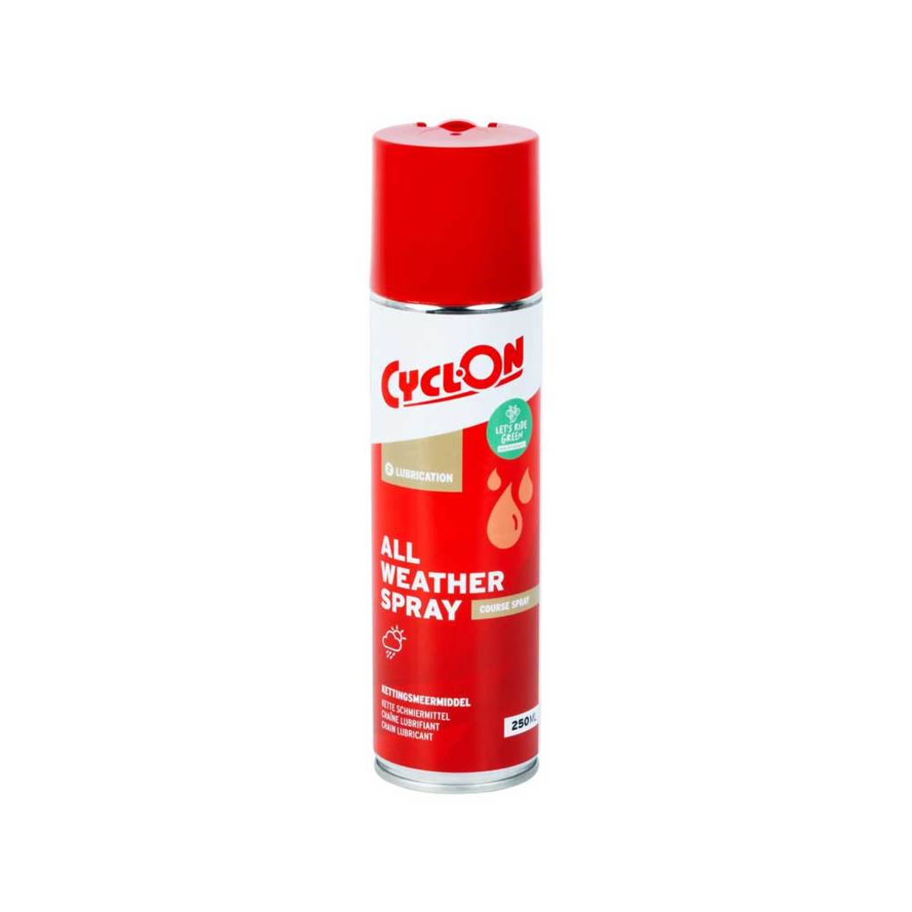 CyclOn All Weather Spray 250 ml smeermiddel, vochtafdrijvend voor fietsonderhoud, zichtbaar in de afbeelding