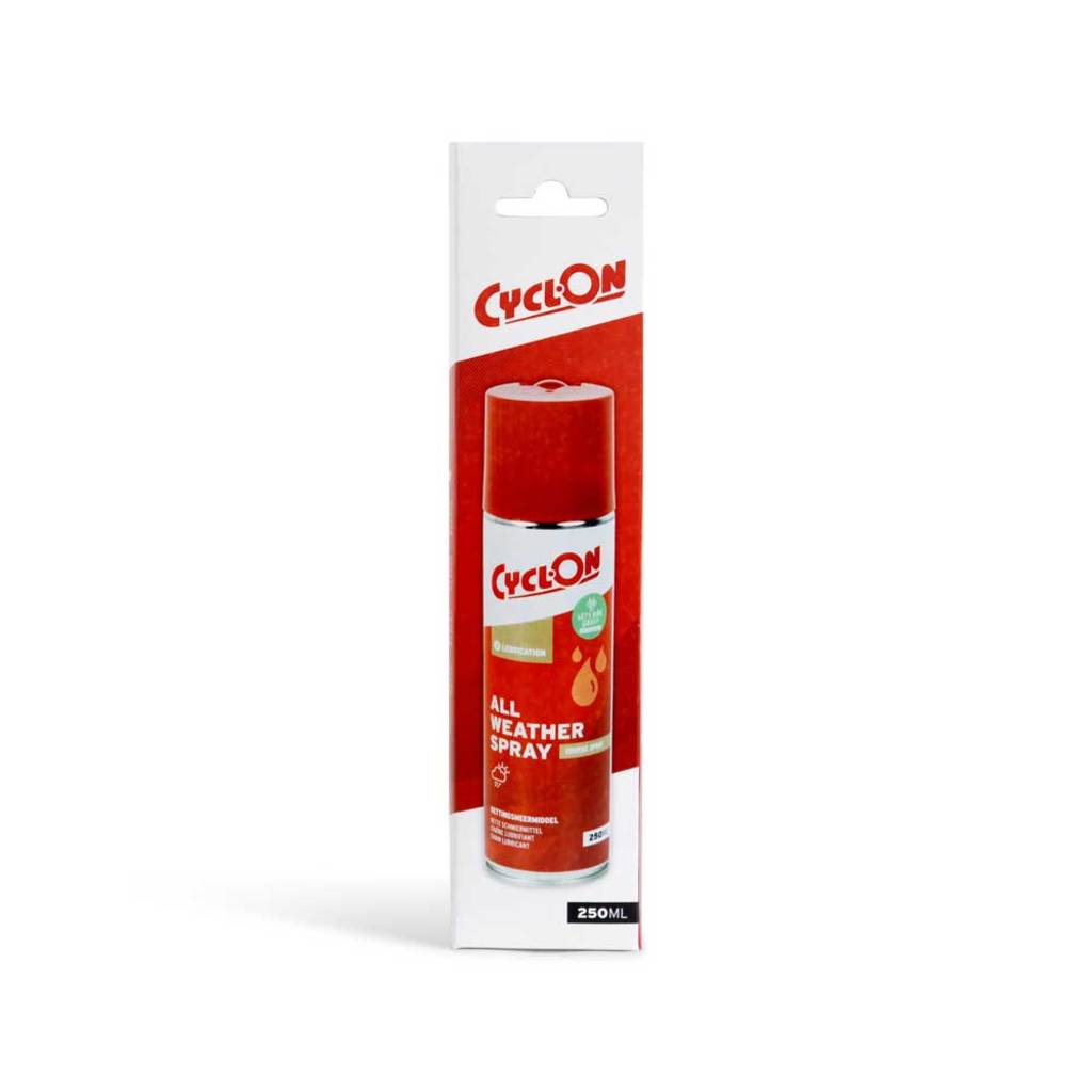 CyclOn All Weather Spray 250 ml smeermiddel voor alle weersomstandigheden, geschikt voor fietsonderdelen en kettingen.