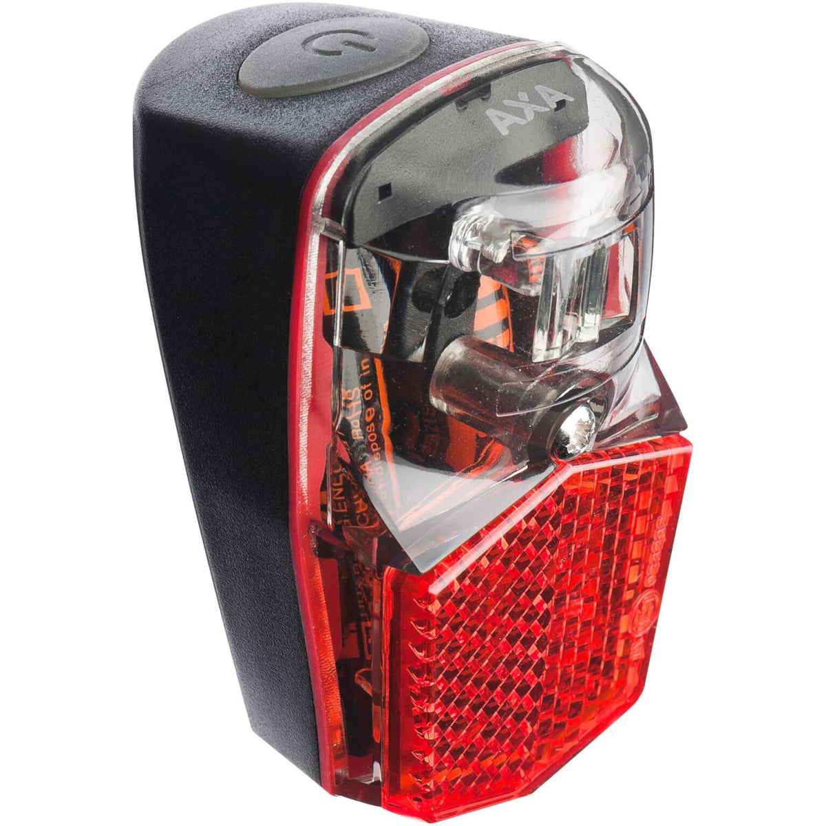 Axa LED achterlicht Run Compact met batterij en spatbord, zichtbaar in de afbeelding op een fiets.