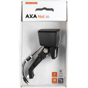Zwarte Axa Nxt Steady Dynamo koplamp met aan-uit schakelaar en 30 lux lichtsterkte, geschikt voor fietsen.