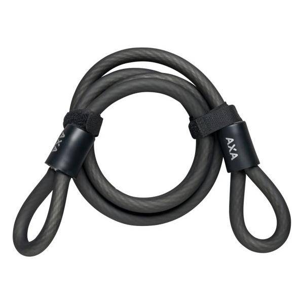 Zwarte Axa double lus slotkabel van 120 cm en Ø10 mm voor fietsbeveiliging, liggend op een oppervlak