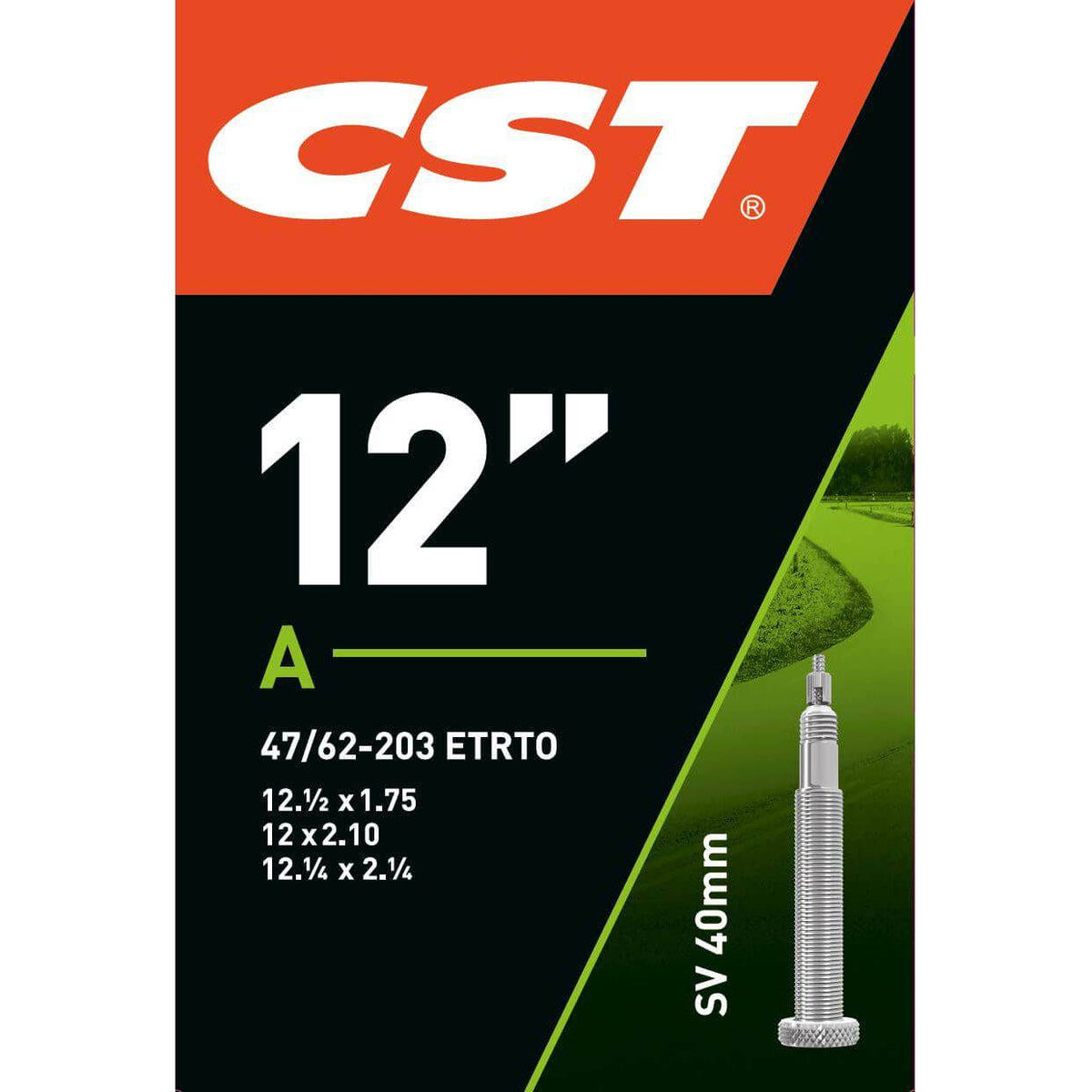 CST binnenband 12 inch, 12 1/2 x 1.75-2 1/4, Fv 40mm, rubber fietsonderdeel voor banden, zichtbaar in de afbeelding
