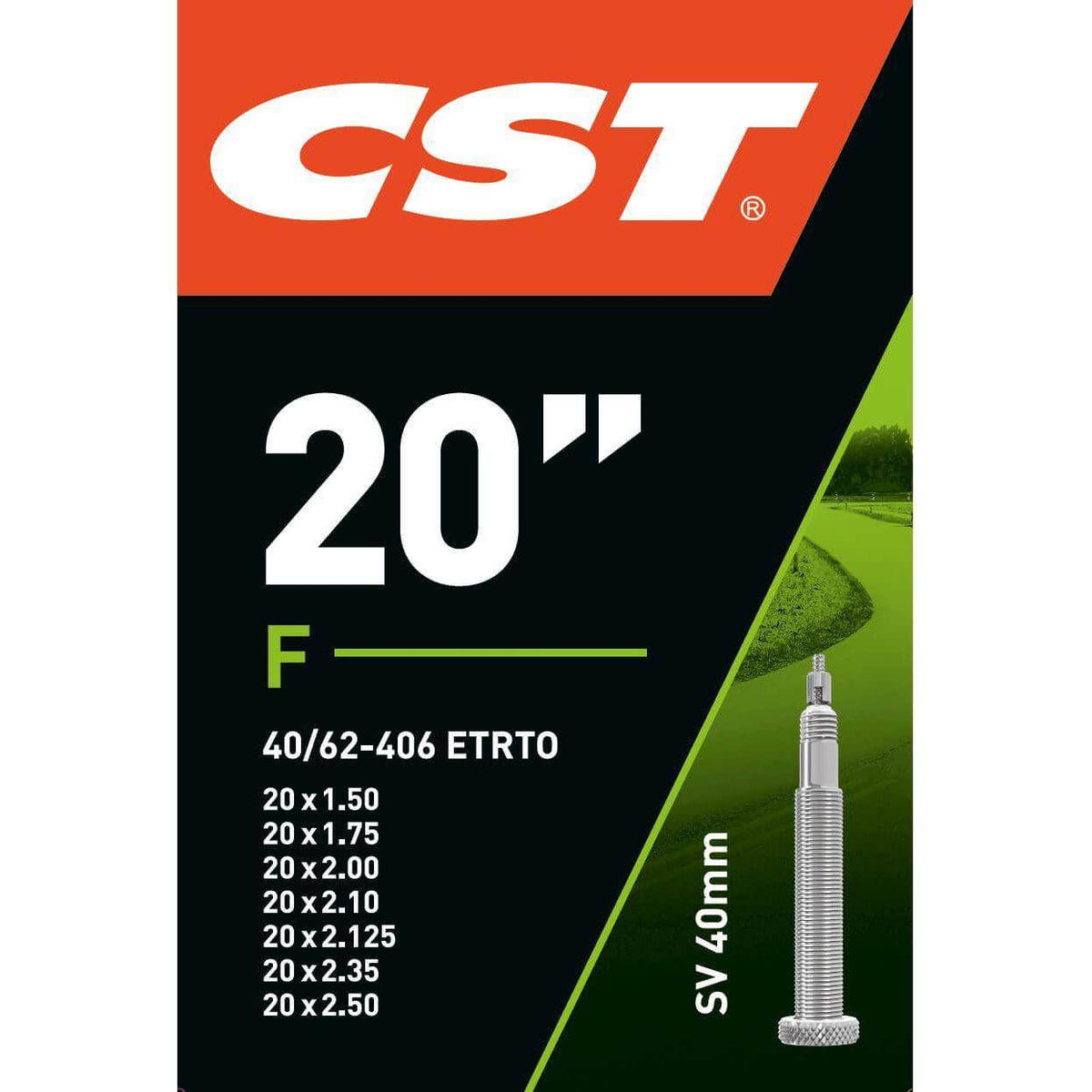 CST binnenband 20 inch, 20 x 1.50-2.50, FV 40mm, rubber binnenband voor fiets met ventiel en merknaam zichtbaar