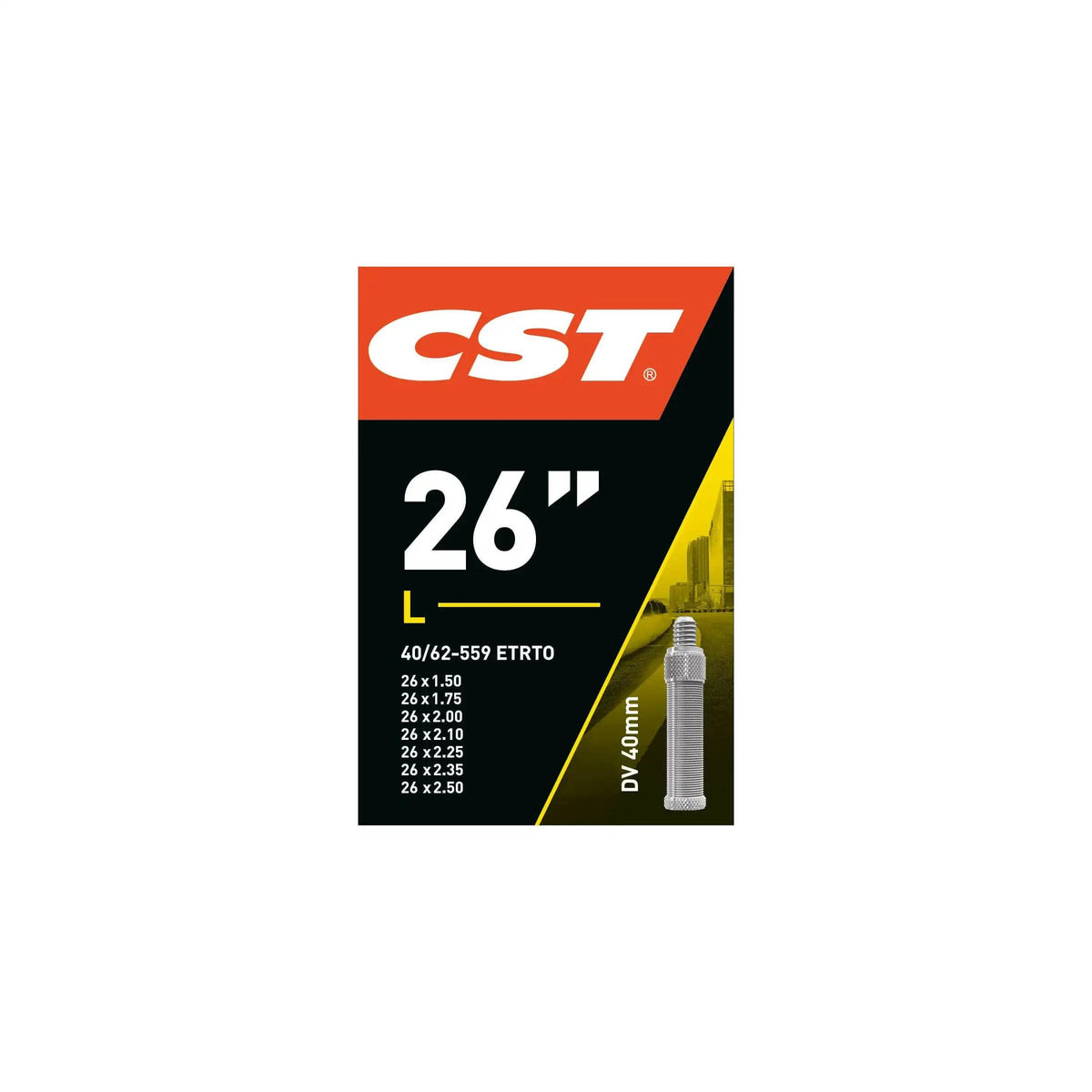 CST 26 inch binnenband met hollands ventiel van 40 mm, geschikt voor fietsbanden 1.50 tot 2.50, zichtbaar in de afbeelding