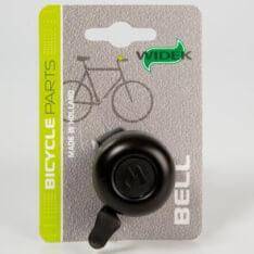 Breed Widek Decibel Bel Zwart fietbel met zwarte knop en roestvrijstalen klankkop voor duidelijk geluid op de fiets.