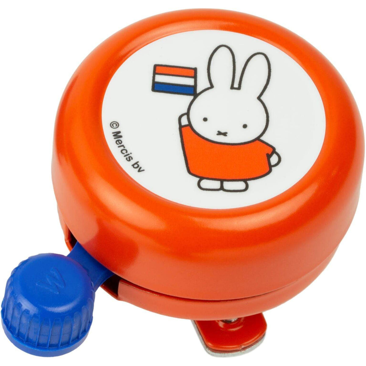 Widek Nijntje met vlag fietsbel in oranje staal, vrolijk ontwerp voor kinderfietsen en veiligheid.