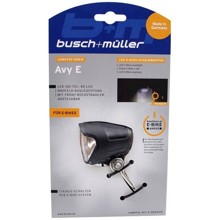 Busch & Müller Avy E-bike koplamp met 40 lux, zwart, geschikt voor 6-42V elektrische fietsen, helder en energiezuinig