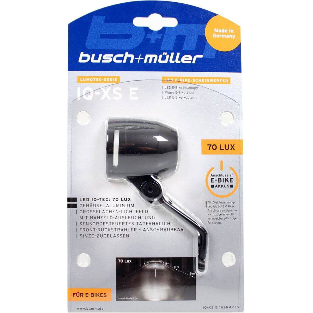 Busch & Müller Lumotec IQ-XS E-bike koplamp met 70 lux, helder licht, geschikt voor 6-42V elektrische fietsen.