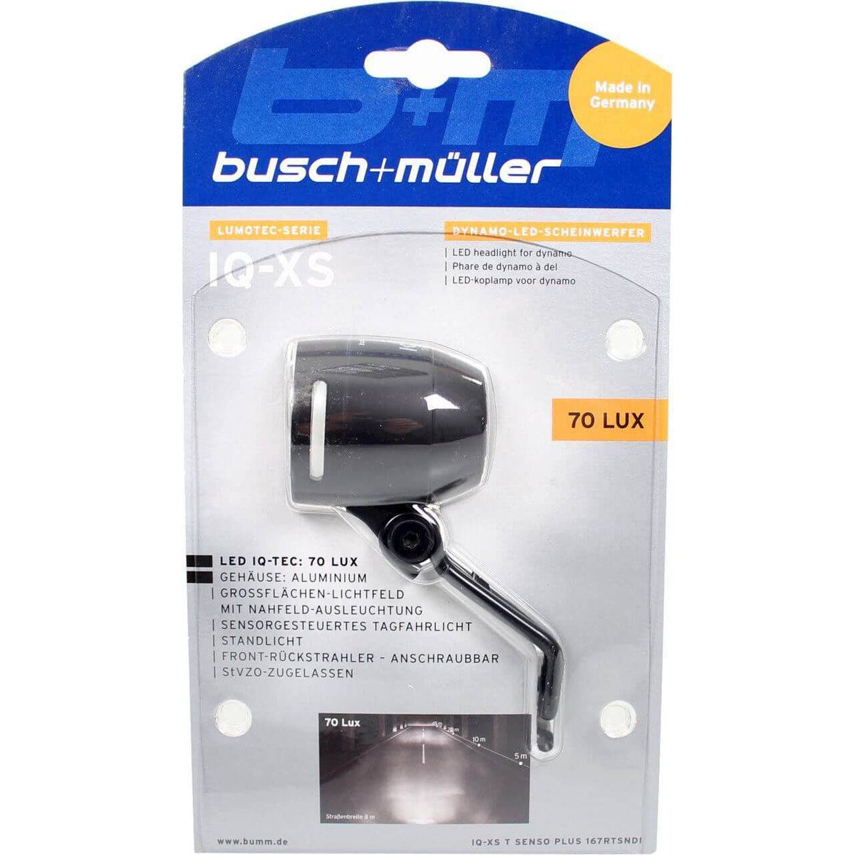 Busch & Müller Lumotec IQ-Xs koplamp met 70 Lux, dynamo-aangedreven en helder voor fietsverlichting.