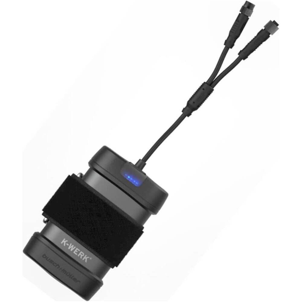 Busch & Müller Powerbank K-Werk voor verlichtingonderdelen, zwart compacte accu met bedrading en aansluitingen.