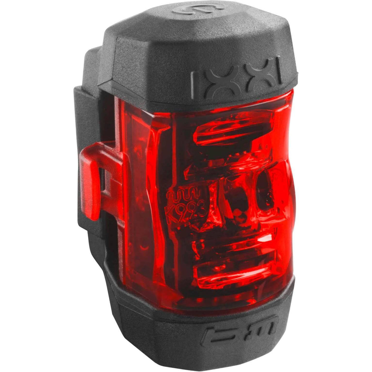 Busch & Müller IXXI USB achterlicht met grijze behuizing, LED-verlichting en batterij voor fietsveiligheid.