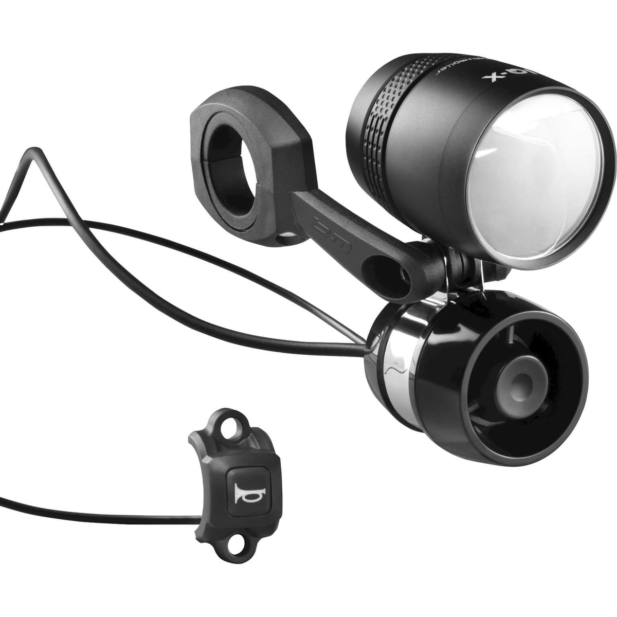 Busch & Müller koplamp Hoorn 6-36V met universele knop, helder licht en robuust ontwerp voor fietsen en scooters.