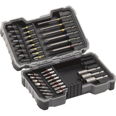 Bosch professionele 43-delige bit- en dopsleutelset met verschillende gereedschappen voor klussen en reparaties.