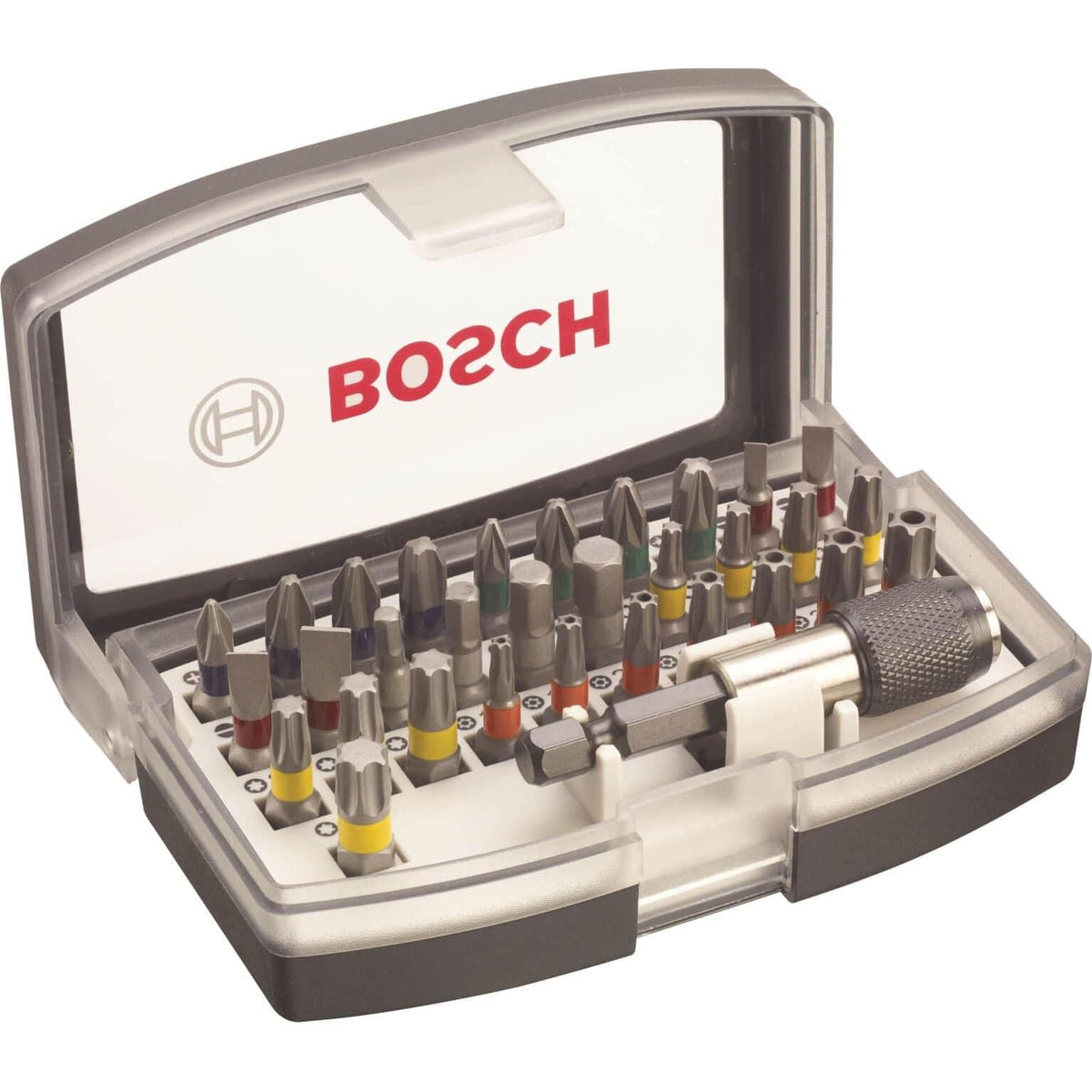 Bosch Prof 32-delige schroefbitset met verschillende bits voor elektrisch gereedschap, liggend op een werkblad