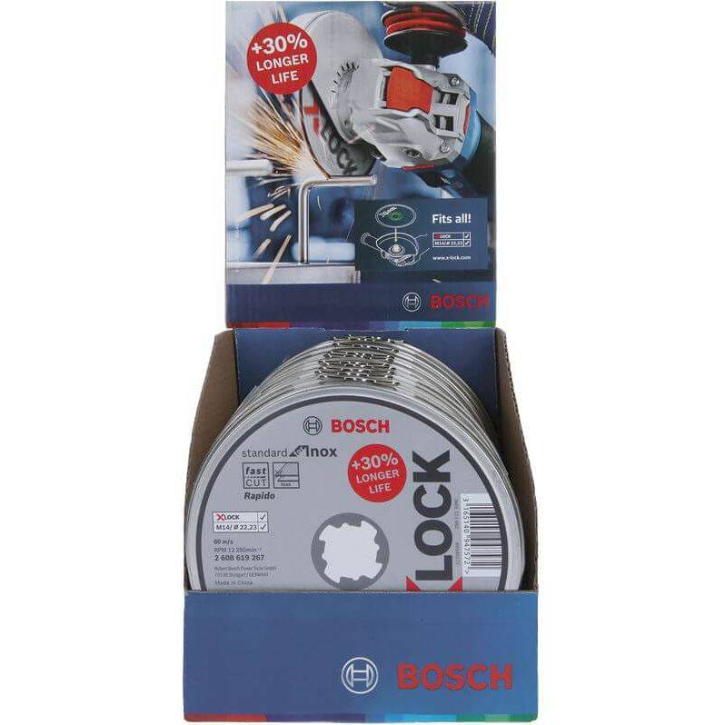 Bosch inox/rvs doorslijpschijf van 125 mm op een gereedschap in blik, geschikt voor snijden van metaal en staal.
