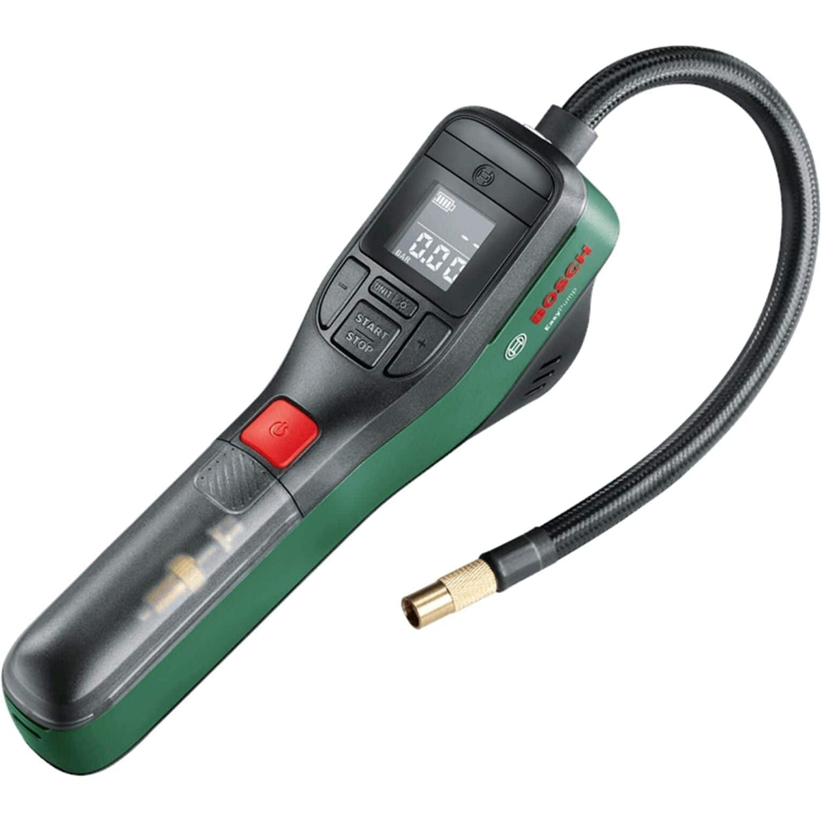Bosch Easy Pump elektrische fietspomp met acculuchtpomp op display en bedieningsknoppen voor snel oppompen van fietsbanden