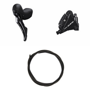 Shimano 105 hydraulische schijfremset voor racefiets, Flat Mount, inclusief remhendels en calipers, zwart en compact design.