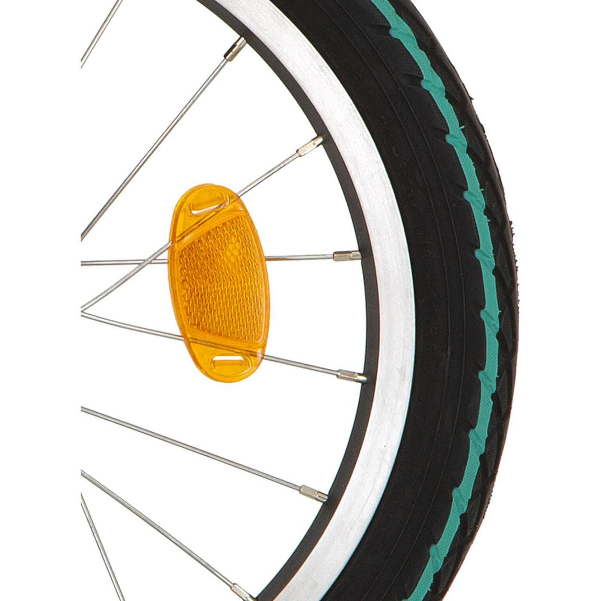 Zwarte stadsfiets buitenband Deli Tire SA-206 16x1.75 met groene streep, geschikt voor stadsfietsen.