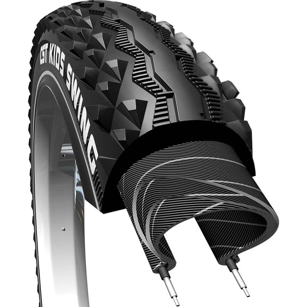 CST MTB buitenband Swing 20x1.95 zwart met reflecterende lijnen, geschikt voor mountainbikes, zichtbaar met profiel en reflectie.