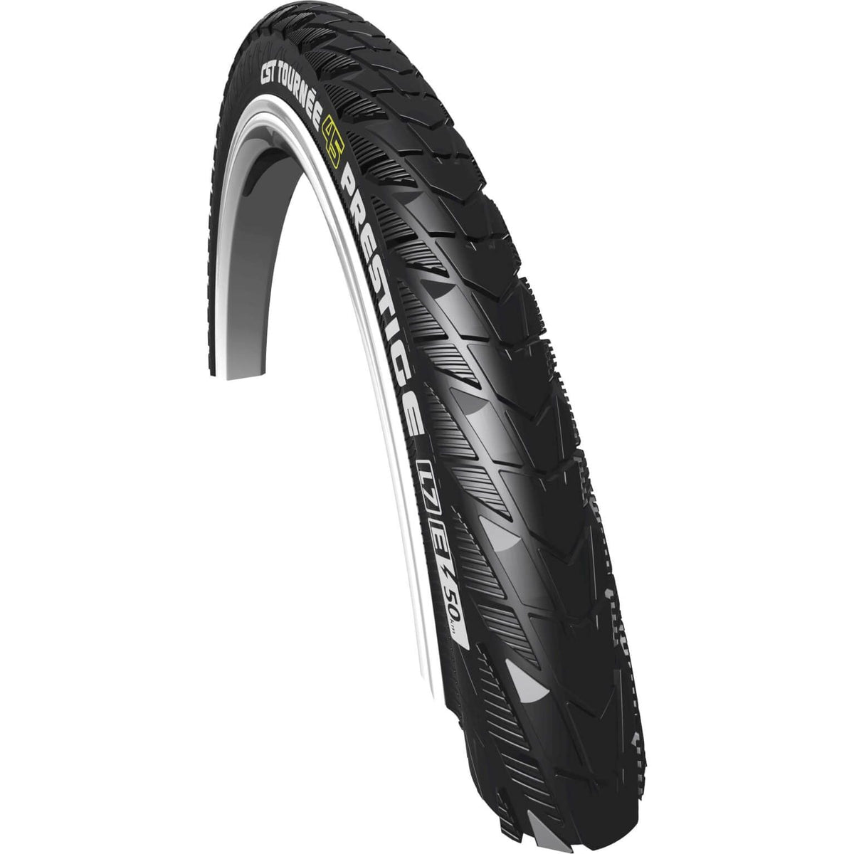 CST Tournee Prestige 26x1.75 stadsfiets buitenband met reflecterende lijnen en zwart profiel, geschikt voor stadsfietsen.