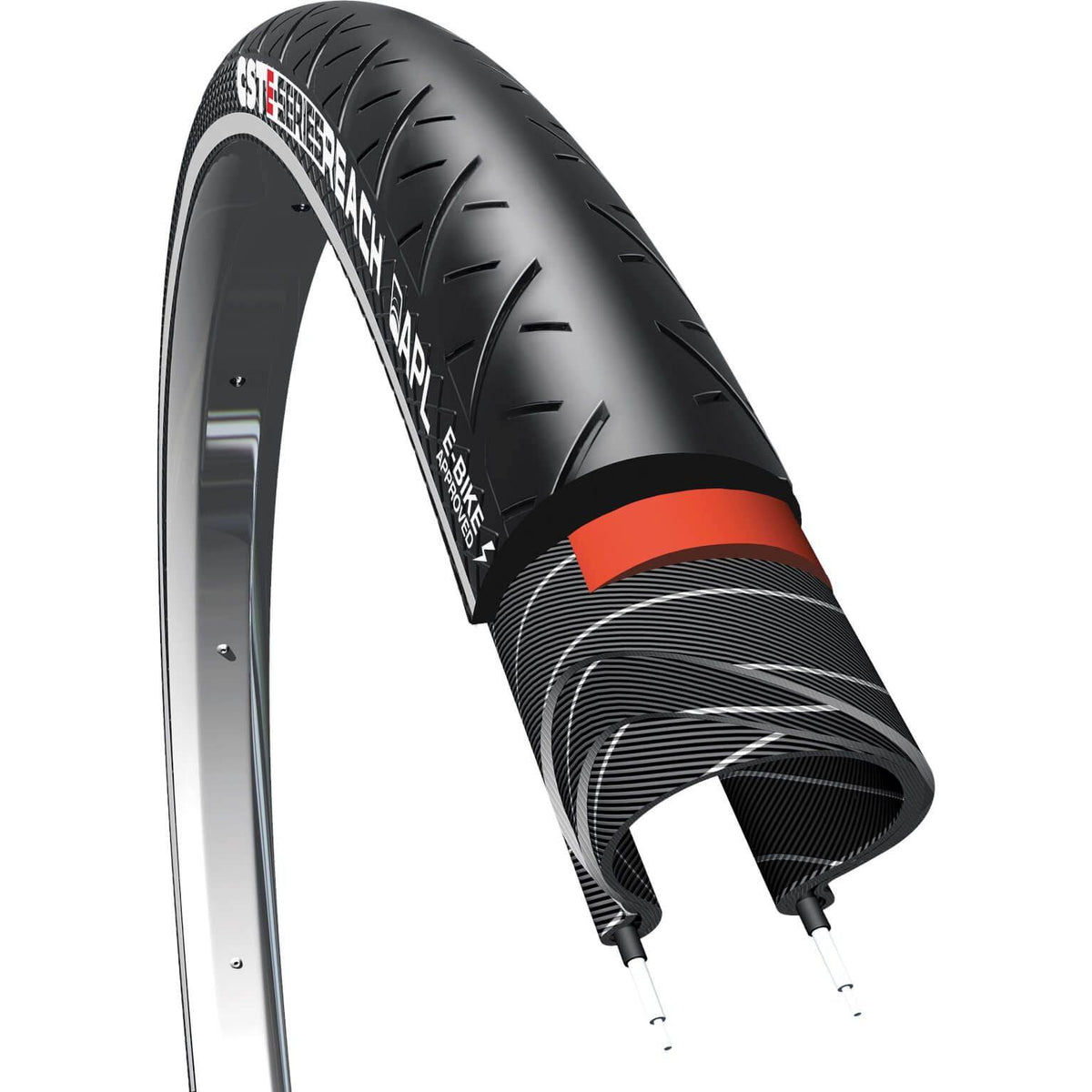 Zwarte CST stadsfiets buitenband Reach 28 x 1.60 met reflectie, geschikt voor stadsfietsen, zichtbaar in de afbeelding.