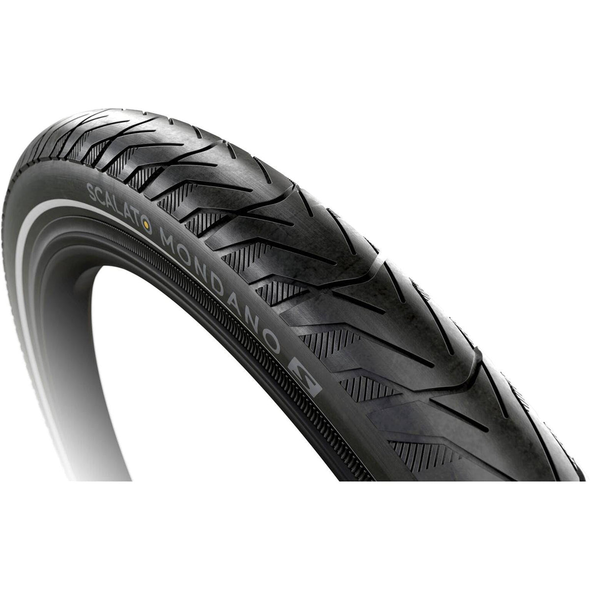 Zwarte Scalato 28-inch stadsfiets buitenband met reflectie voor extra zichtbaarheid en veiligheid.