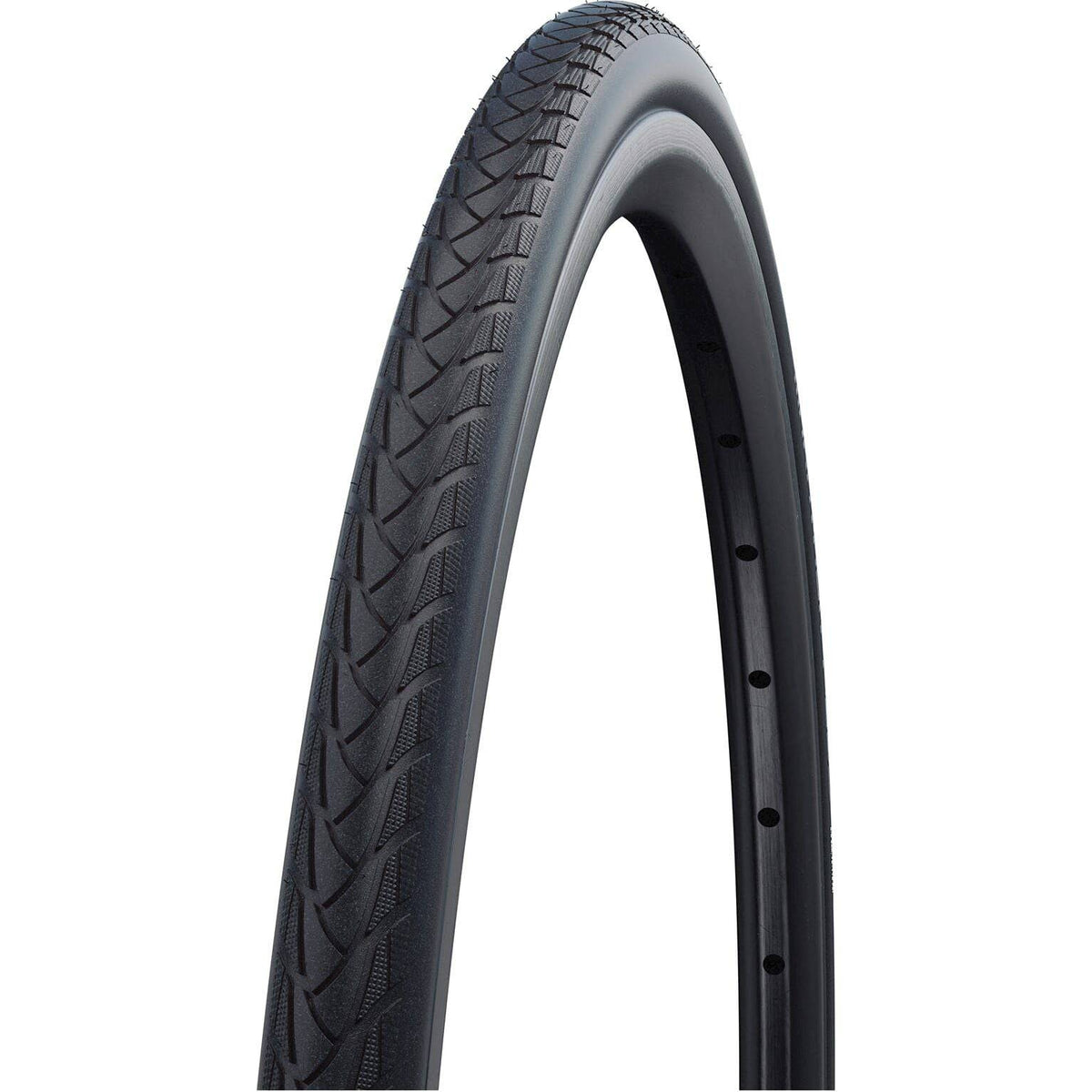 Zwarte Schwalbe Marathon Plus Evo Smartguard 26x1.00 stadsfiets buitenband liggend op een fiets.