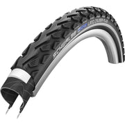 Zwarte Schwalbe Land Cruiser Plus 24x2.00 stadsfiets buitenband met reflectie, geschikt voor stadsfietsen, zichtbaar op de afbeelding.