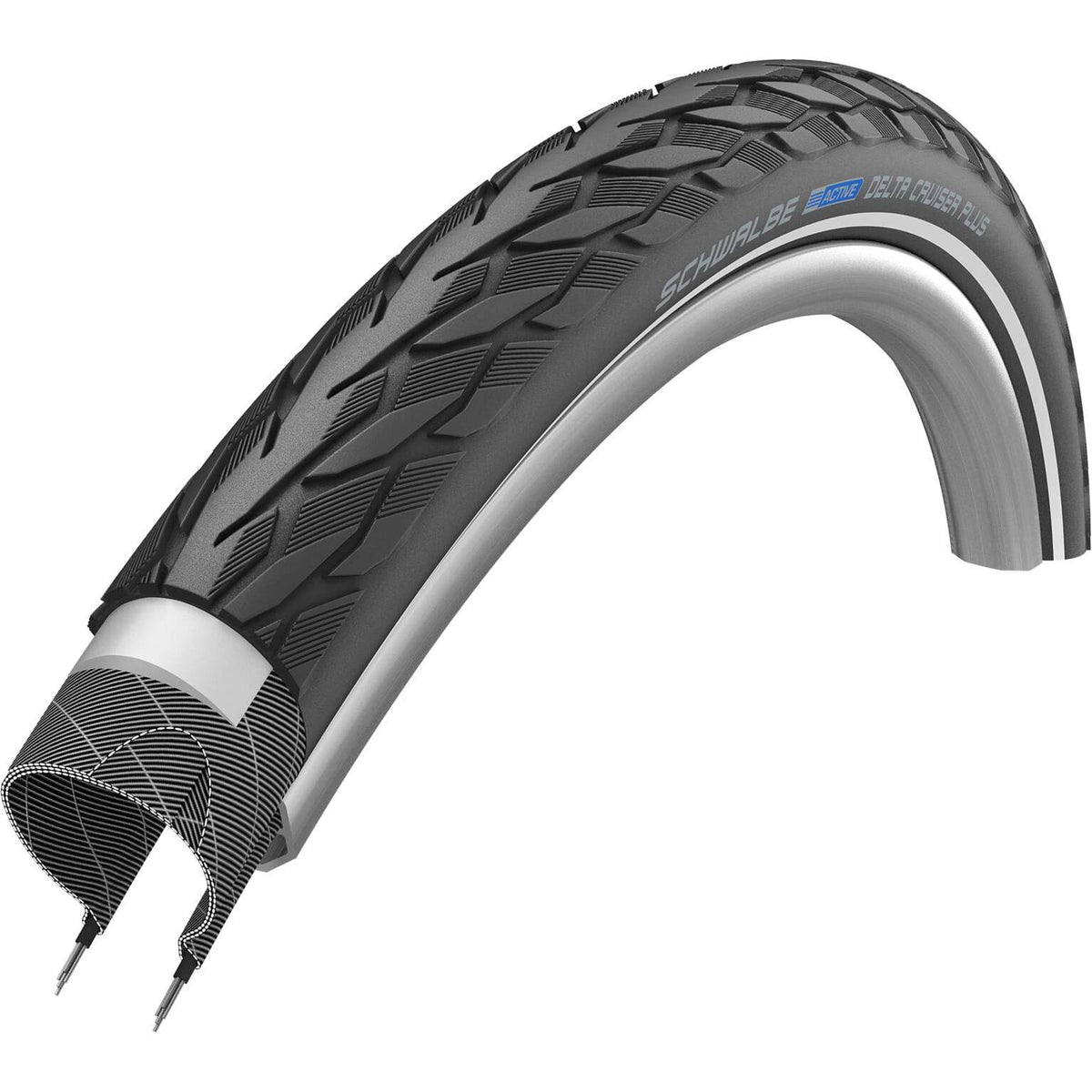 Zwarte Schwalbe Delta Cruiser Plus 20 x 1.75 stadsfiets buitenband met reflectie op een fietswiel.