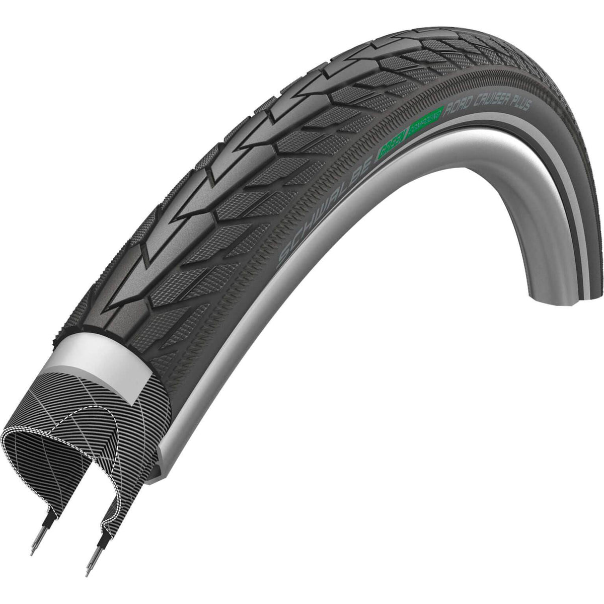 Zwarte Schwalbe Road Cruiser Plus 20x1.75 stadsfiets buitenband met reflectie, geschikt voor stadsfietsen.