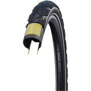 Zwarte Schwalbe 27,5" Marathon Efficiency ADDIX Race V-Guard vouwband voor stadsfiets, profiel en bandbreedte zichtbaar.