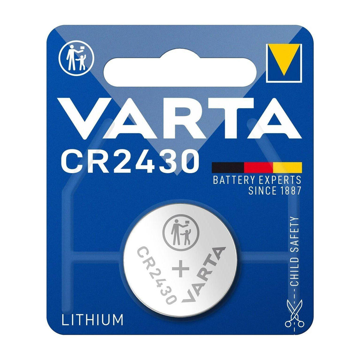Varta CR2430 lithium knoopcel batterij van 3V, close-up van de originele Varta knoopcel batterij op de afbeelding