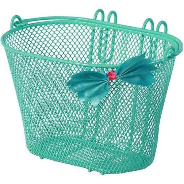 Groene Basil Jasmin Bow-Tie kinderfietsenmand van staal met haken, geschikt voor kinderfietsen, mooi en functioneel fietsaccessoire