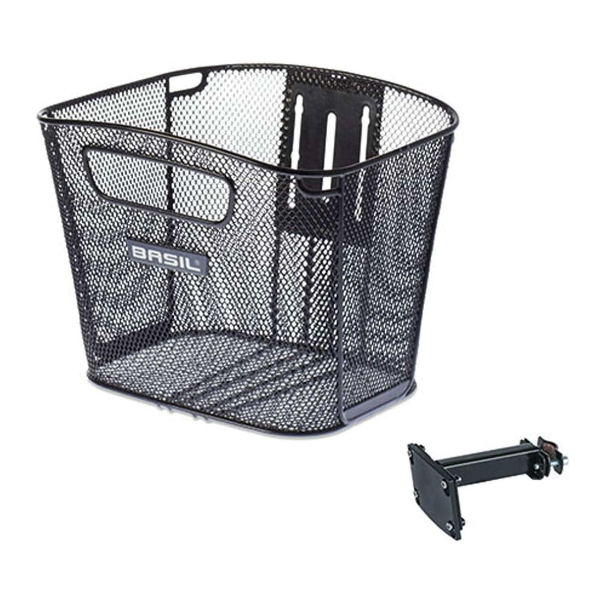 Basil Bold FM zwarte stalen fietsmand voorop, 28x34x27 cm, met stuurpenhouder, geschikt voor stadsfietsen