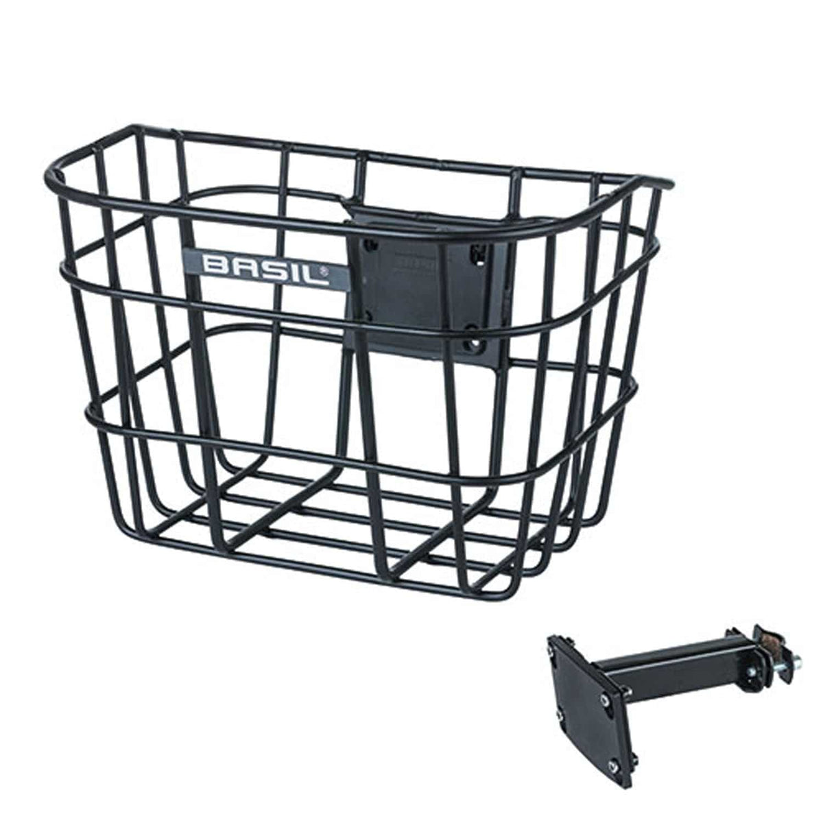 Zwarte Basil Bremen aluminium fietsmand met stuurpenhouder, 28x37x26 cm, geschikt voor stadsfietsen, natuurlijke fietsaccessoire.