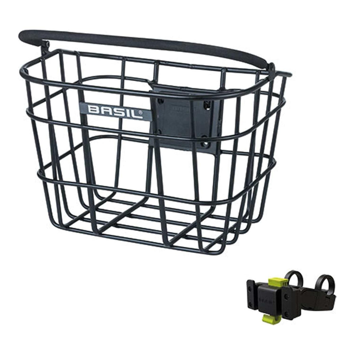 Zwarte Basil Bremen aluminium fietsmand met stuurbocht houder, 28 x 37 x 26 cm, geschikt voor stadsfietsen.