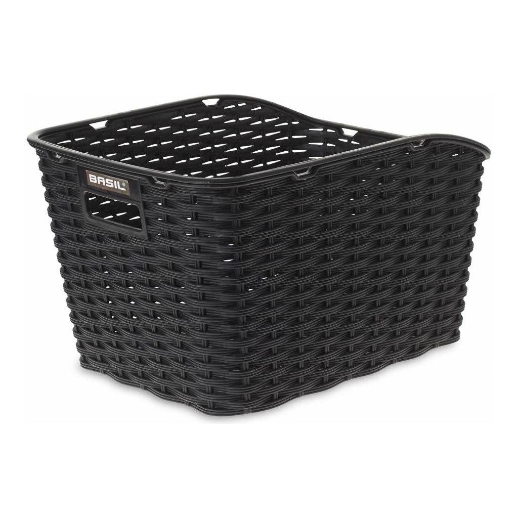 Zwarte Basil Weave WP kunststof fietsmand achterop, geweven design, afmetingen 43x32x25 cm, geschikt voor achterop de fiets.