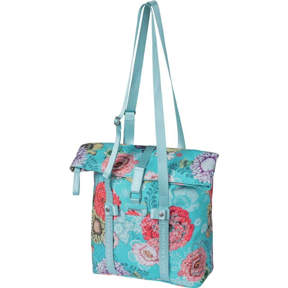 Basil Bloom Field fietstas voor en, blauwe stoffen fietstassen van gerecycled PET, 15-20 liter, 30x15x38 cm, enkel.
